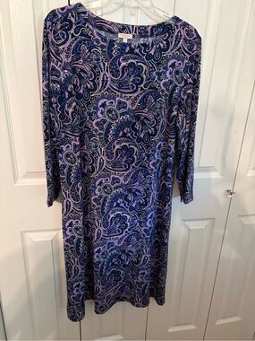 Talbots Navy and Pink Paisley Long-Sleeve Shift Dress